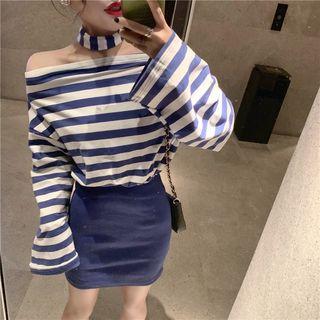 Set: Striped Off-shoulder Long-sleeve Top + Mini Pencil Skirt