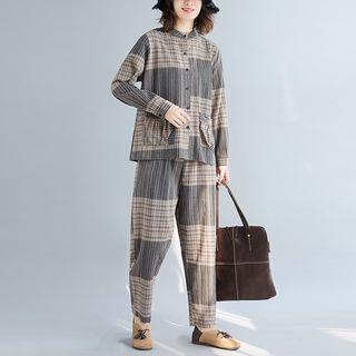Set : Plaid Stand-collar Top + Cropped Pants