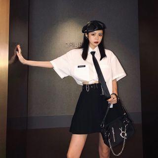 Asymmetric Short-sleeve Drawstring-hem Cropped Shirt With Tie