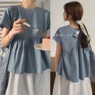Short-sleeve Bow Back Blouse / Midi A-line Skirt
