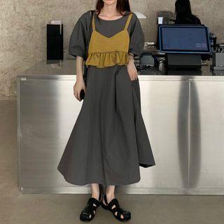 Spaghetti Strap Frill Trim Top / Elbow-sleeve A-line Midi Dress