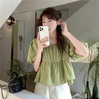 Puff Short-sleeve Square-neck Lace-up Strap Ruffle Top
