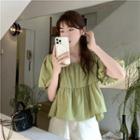 Puff Short-sleeve Square-neck Lace-up Strap Ruffle Top