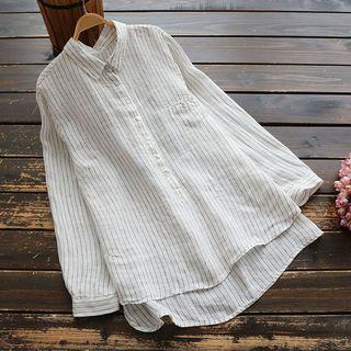 Long-sleeve Striped Placket Top White - One Size