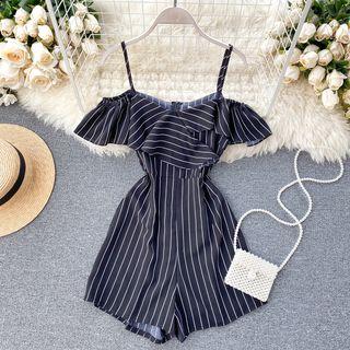 Cold-shoulder Pinstriped Ruffled Playsuit