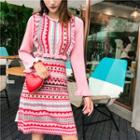 Patterned Long-sleeve Knit A-line Dress As Shown In Figure - One Size