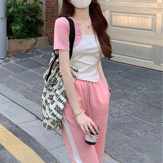 Set: Short-sleeve Two-tone T-shirt + High Waist Wide Leg Pants
