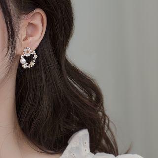 925 Sterling Silver Faux Pearl Flower Earring 1 Pair - As Shown In Figure - One Size