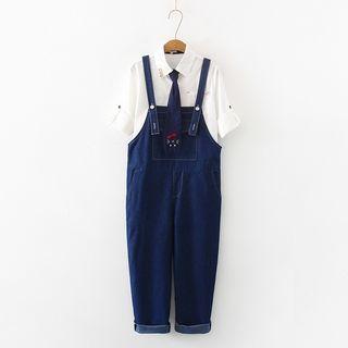Cropped Denim Jumper Pants / Pocket Detail Short-sleeve Shirt With Cat Embroidered Tie