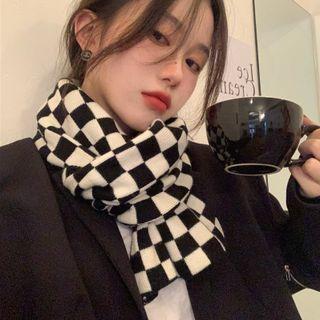Checkerboard Pattern Knit Scarf Black & White - One Size