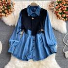 Set: Long-sleeve Denim Mini Shirtdress + Asymmetrical Vest Denim Shirtdress - Blue - One Size / Vest - Black - One Size
