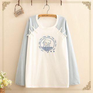 Raglan-sleeve Cat & Fish Embroidered Long-sleeve Top