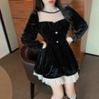 Puff-sleeve Panel Pleated Velvet Dress