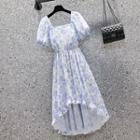Short-sleeve Square-neck Floral Irregular Dress
