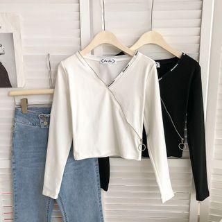 Printed Letter Cross V-neck Long Sleeve T-shirt