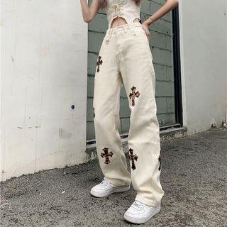 Couple Matching Cross Applique Straight Leg Jeans