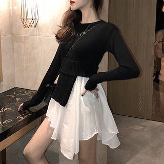 Mock Two-piece Long-sleeve Knit Panel Mini A-line Dress Black - One Size