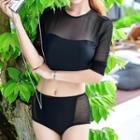 Elbow-sleeve Mesh Panel 2-piece Swimsuit