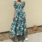 Puff-sleeve Tie-waist Floral Printed Plaid Dress