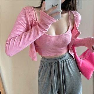 Set: Plain Light Cardigan + Cropped Camisole Top