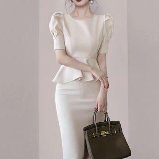 Puff-sleeve Mock Two-piece Midi Bodycon Dress