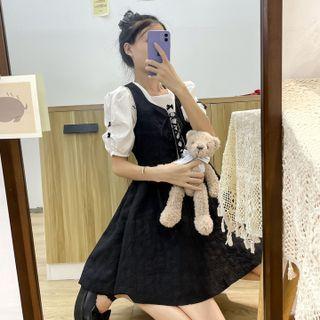Short-sleeve Bow Detail Blouse / Lace Up Mini Overall Dress