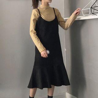 Striped Long-sleeve Mock Neck T-shirt / Spaghetti Strap Dress