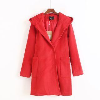 Hooded Plain Buttoned Woolen Coat Red - Xl