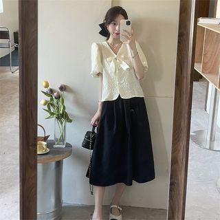 Puff-sleeve V-neck Bow Top / High-waist A-line Midi Skirt