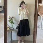 Puff-sleeve V-neck Bow Top / High-waist A-line Midi Skirt