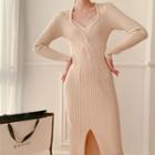Long-sleeve Twist-front Midi Sheath Dress