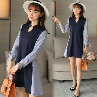 Striped Panel Long Sleeve A-line Dress