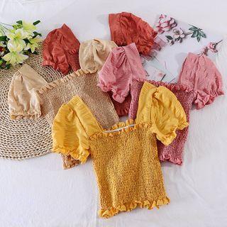 Square-neck Puff-sleeve Ruched Top