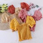 Square-neck Puff-sleeve Ruched Top