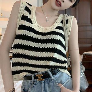Striped Knit Crop Tank Top Stripe - Black & White - One Size