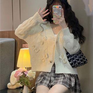 Bow Accent Cable-knit Cardigan / Long-sleeve Lace Top