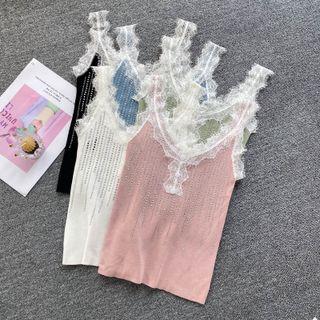 Lace Flower Trim Rhinestone Suspender Knit Top