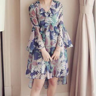 Flower Print Flared-sleeve Chiffon A-line Dress