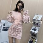 Long-sleeve Ruffled Shirred Mini Sheath Dress
