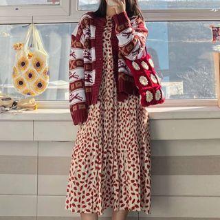 Long-sleeve Floral Print Midi A-line Dress / Pattern Cardigan