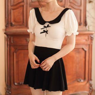 Puff-sleeve Paneled Swimdress