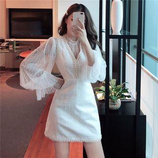 Set: Sheer Blouse + Sleeveless Tweed Mini Dress