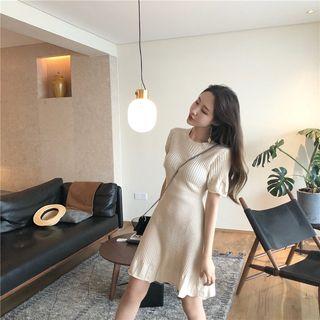 Short-sleeve A-line Mini Knit Dress Beige - One Size