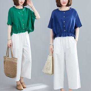 Buttoned Short-sleeve Blouse / Cropped Wide-leg Pants / Set