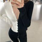 Color-block V-neck Long-sleeve Slim-fit Knit Top / Plain Skinny Pants