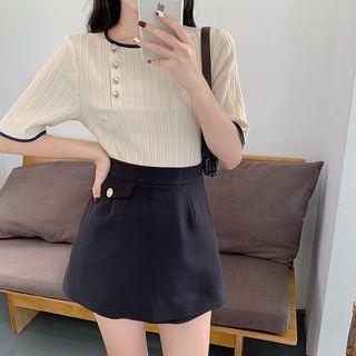 Elbow-sleeve Contrast Trim Top / A-line Mini Skorts