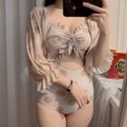 3/4-sleeve Dotted Swimsuit
