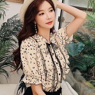 Short-sleeve Leopard Print Frill Trim Chiffon Top