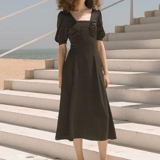 Puff-sleeve Lace-up Back Dotted Maxi Dress
