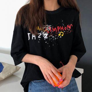 Elbow-sleeve Graffiti Print T-shirt